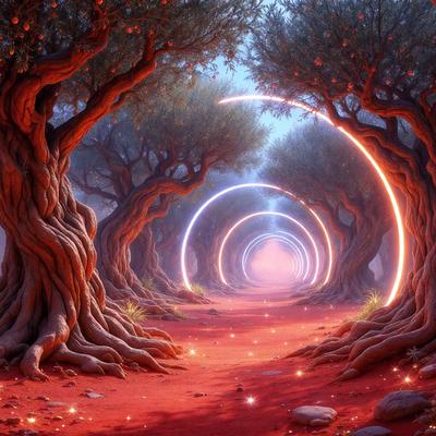 The primary subject of the image is a tree-lined path with a red dirt road. The setting is a forest with trees on both sides of the path. The visual style is digital art, as the path is illuminated with a blue glow, giving it a surreal and magical appearance. The colors and mood of the image are predominantly red and orange, creating a warm and inviting atmosphere.